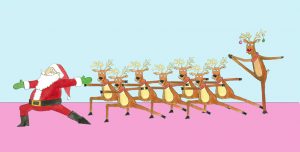 Santa and Reindeer practicing yoga, preparing for the big night
